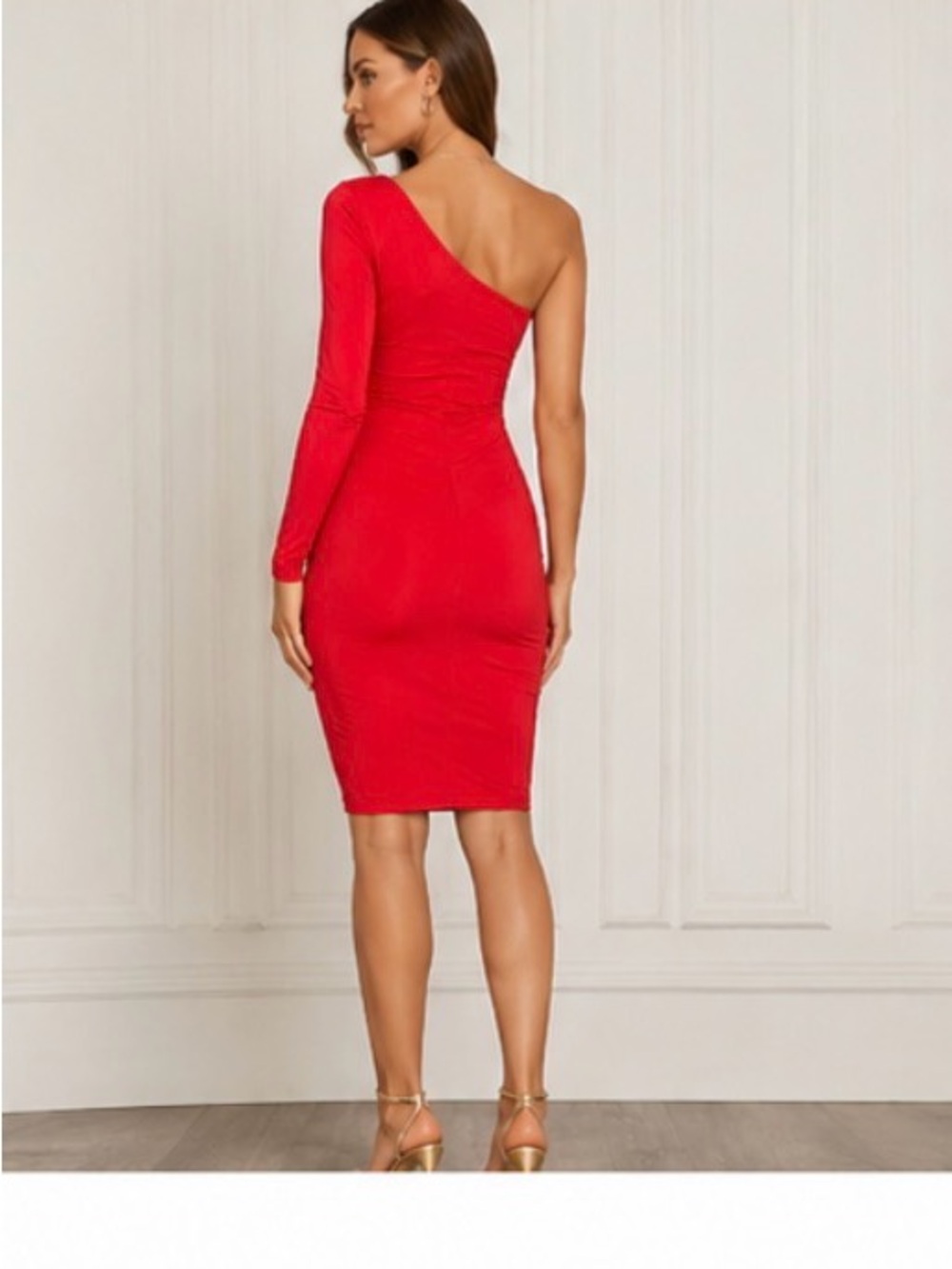 One-Shoulder Red Ruffle Sheath Dress - Picture 2 of 4